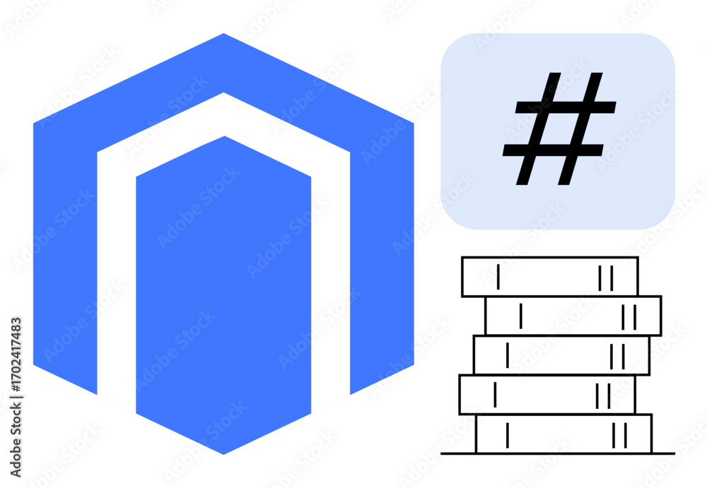 Aufkleber hexagonal shape, metadata tag icon in blue square, stack of outlined books symbolizing coding, techn