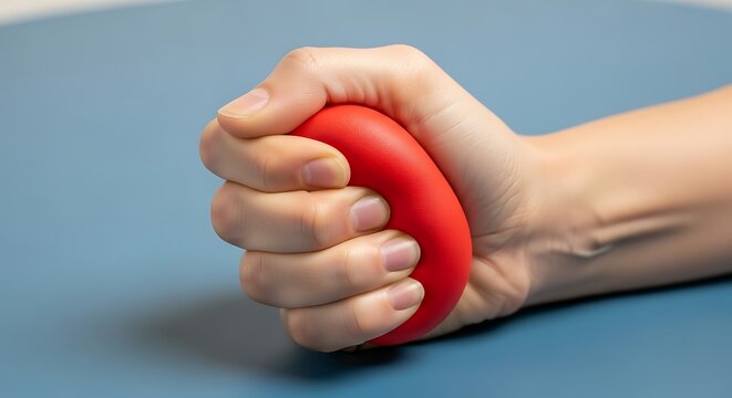 Person squeezing red stress ball hand therapy.