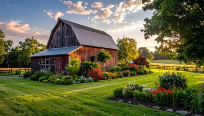 Charming Rustic Barn Surrounded by Colorful Flower Gardens at Sunset