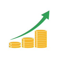 Stacks golden coins with green arrow