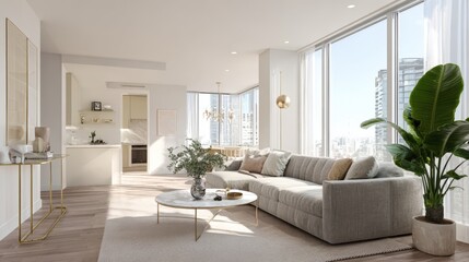 Fototapeta premium Bright and Airy Modern Living Space in a High Rise Apartment with City Views