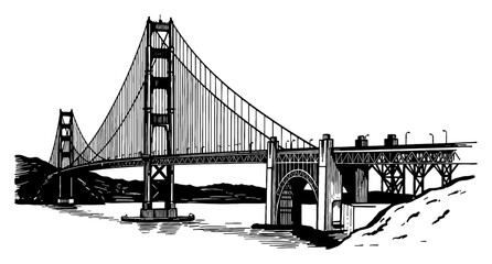 Illustration of the Golden Gate Bridge Side View Black and White Outline Line Art Drawing Vintage Engraving