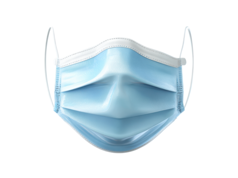 Light blue medical face covering with white elastic ear loops image, Isolated On Png Transparent Background