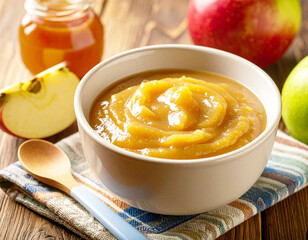 Bowl of homemade apple sauce, baby food, on a wooden table. Ai