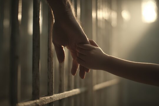 An adult hand holding a child's hand through metal bars, depicting a poignant moment of connection despite separation, symbolizing hope and family bonds.