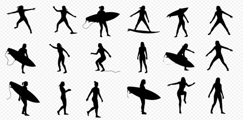 Silhouettes of women in various surfing poses and carrying surfboards on a transparent background.