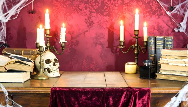 Gothic Study with Candles, Books, and Skull - Powered by Adobe