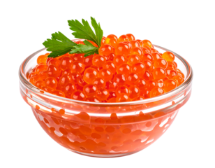 Red caviar in a glass dish close-up, isolated over white