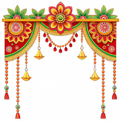 An ornate toran with vibrant red, yellow, and green hues, adorned with floral motifs and hanging bells, adds a festive touch, isolated on transparent background