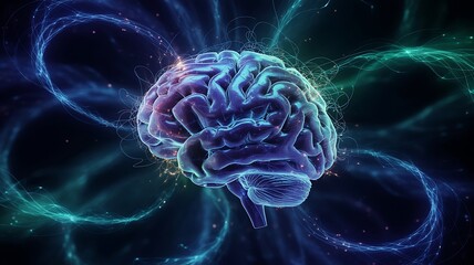 Obraz premium Abstract Brain with Neural Network Energy Streams