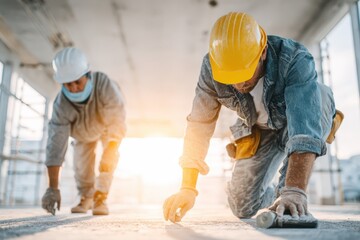 Two construction workers smoothing concrete floor with hand tools on building site, wearing safety helmets, working hard and focused on precision in bright sunlight.
