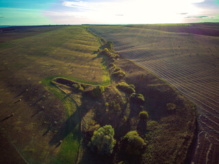 Aerial view landscape with meadows on sunny day