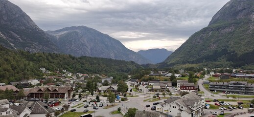 Eidfjord Norway Scenic View of a Picturesque Valley Town Amidst Towering Mountains
