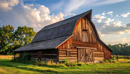 Obraz premium Rustic Wooden Barn Under Blue Sky with Fluffy Clouds and Green Grass