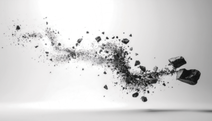 Abstract Black Stone Fragments Explosion, Grey Background, High Resolution Image