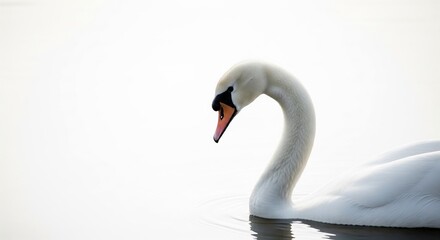 Fototapeta premium Elegant white swan gracefully gliding across the tranquil water, with its long neck arched and head slightly lowered, creating a serene and peaceful scene