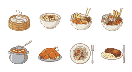 Various delicious Asian dishes and Western cuisine served in bowls and on plates for a delightful meal