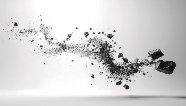 Abstract Black Stone Fragments Explosion, Grey Background, High Resolution Image