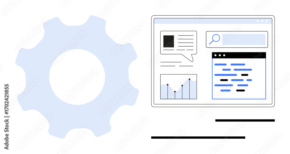 Fototapete web browser interface featuring graphs, text, and search bar next to a large gear icon. ideal for te
