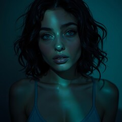 Woman Portrait in Dark Teal Lighting with Moody Expression