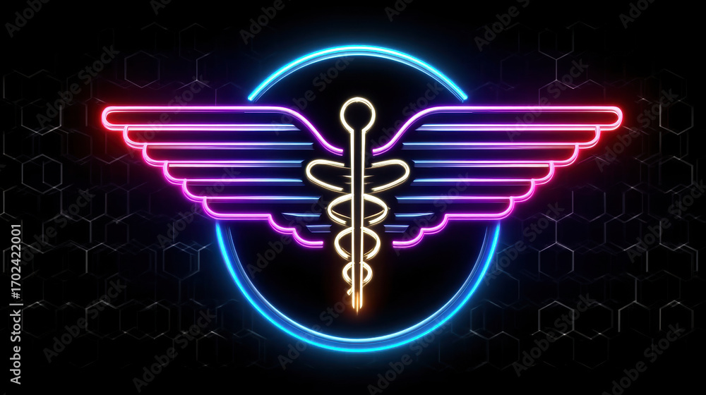Aufkleber cyber medical cross in network with neon glowing wings and caduceus symbol creating futuristic digit