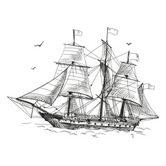 Old vintage sailing boat, caravel, hand-drawn vector sketch