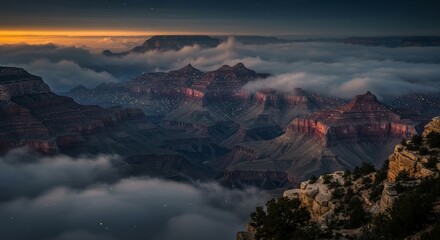 Grand Canyon filled with magical fog and glowing fireflies