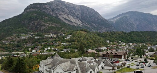 Eidfjord Norway Scenic View of a Picturesque Valley Town Amidst Towering Mountains