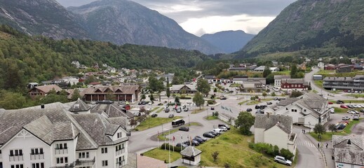 Eidfjord Norway Scenic View of a Picturesque Valley Town Amidst Towering Mountains
