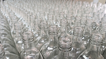 Rows of clear, empty glass bottles on an assembly line in a clean, modern factory setting