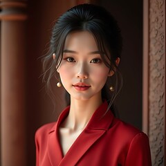 Woman Portrait in Red Suit Looking at Camera with Pearl Earrings