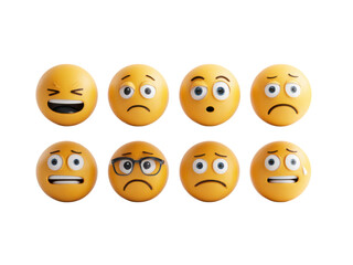 Obraz premium Yellow clay style emoji faces with diverse expressions black illustration, Isolated On Png Transparent Background