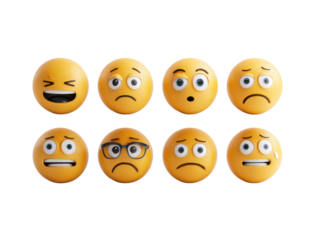 Yellow clay style emoji faces with diverse expressions black illustration, Isolated On Png Transparent Background