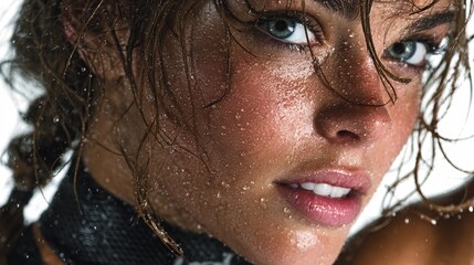Close-Up of a Young Woman with Water Droplets on Her Face