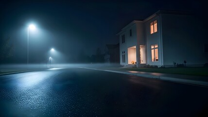 Dark Foggy Halloween Night: Eerie Suburban House, Street, Jack-o'-Lantern
