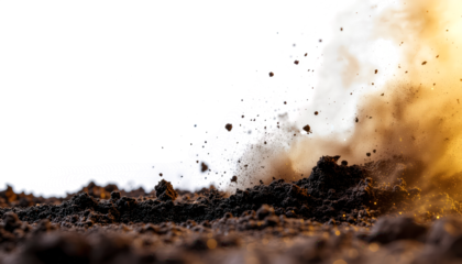 Dramatic Explosion of Dark Soil and Dust Cloud Isolated on White Background