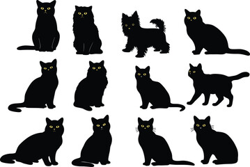 Black cat silhouette collection, yellow eyes illustration, sitting and walking cat vector, Halloween animal icon, spooky feline clipart set