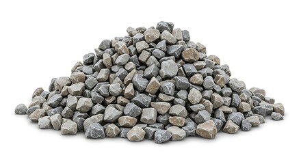Pile of gray crushed stone gravel on white background.