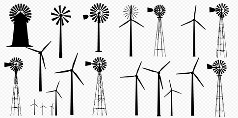 A diverse set of black silhouette icons depicting traditional multi-bladed windmills and modern three-bladed wind turbines for power generation.
