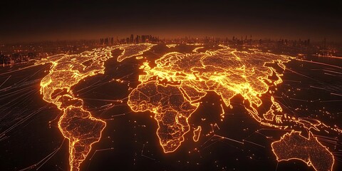 Glowing global network connecting illuminated cities world map city lights glowing lines