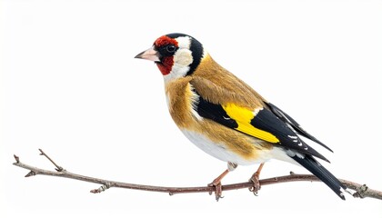 Fototapeta premium Goldfinch bird with bright yellow feathers black wings small delicate body perched songbird isolated on white background 
