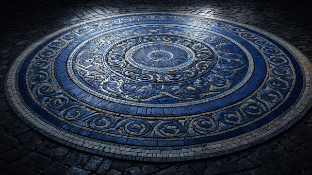 Blue circular stone mosaic with antique ornamental design for paving or decoration