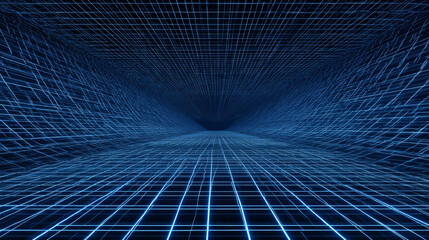 Blue metaverse wireframe background with futuristic grid perspective for VR visuals