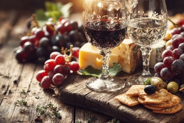 Elegant wine and cheese spread with fresh grapes, crackers, and olives.