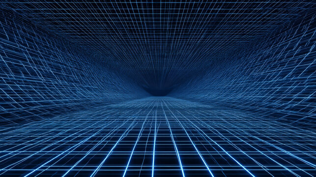 Blue metaverse wireframe background with futuristic grid perspective for VR visuals