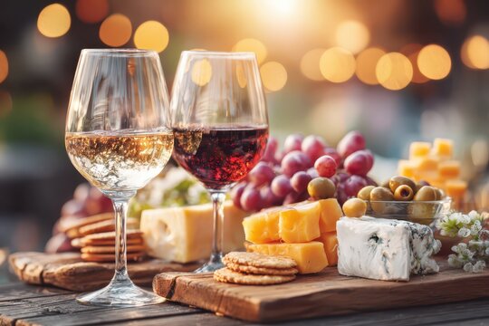 A delightful wine and cheese board featuring gourmet selections and fine wines.