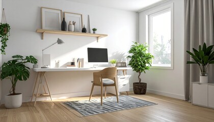 Bright and Modern Home Office with Green Plants and Desk