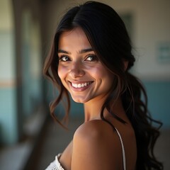 Woman Smiling Over Shoulder with Dark Hair in Soft Light