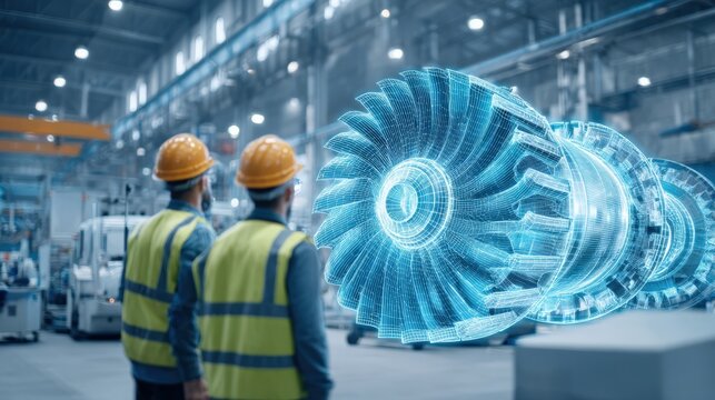 Engineers Inspecting Turbine Blueprint Hologram in Factory, Manufacturing Technology, Future Technology, Innovation