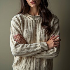 Woman Wearing Cream Knit Sweater with Arms Crossed